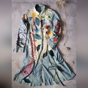 Kitty Queen Amor reworked handpainted appliques boho-chic jeans hippie dress S